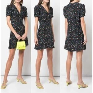 HVN 100% SILK BLACK STAR PRINT SHORT PUFF SLEEVE V-NECK MINI DRESS SIZE 8